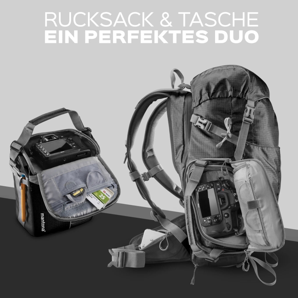 Mantona Elements Outdoor Zaino nero 2in1 per fotocamera e trekking, borsa fotografica con scomparti imbottiti per DSLR, drone, con supporto treppiede e copertura antipioggia