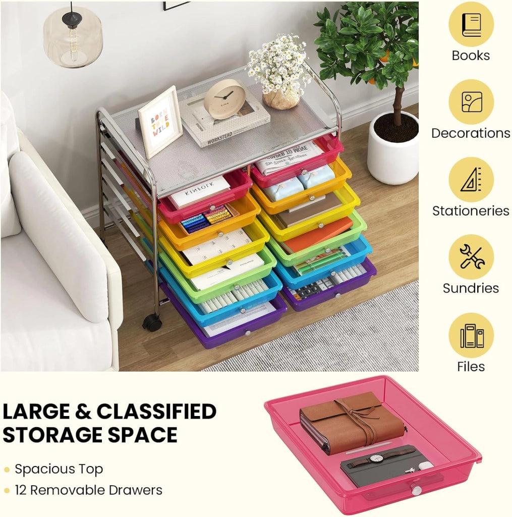 Carrello con 12 cassetti impilabili, carrello per cassetti con ruote e piano di lavoro, carrello per soggiorno, cucina, camera da letto e uffici, 64 x 38 x 62 cm (trasparente colorato)
