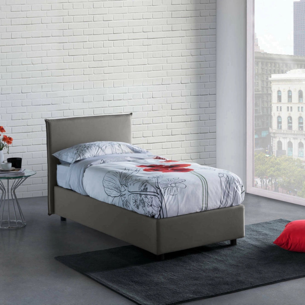 Letto singolo Aquilla, Letto contenitore con rivestimento in tessuto, Made in Italy, Apertura frontale, con materasso cm 80x190 incluso, Grigio