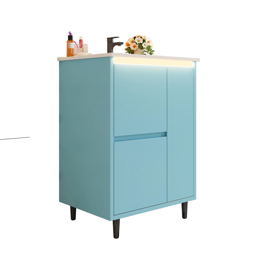 Mobile lavabo bagno freestanding blu con lavabo in ceramica, 2 cassetti e anta