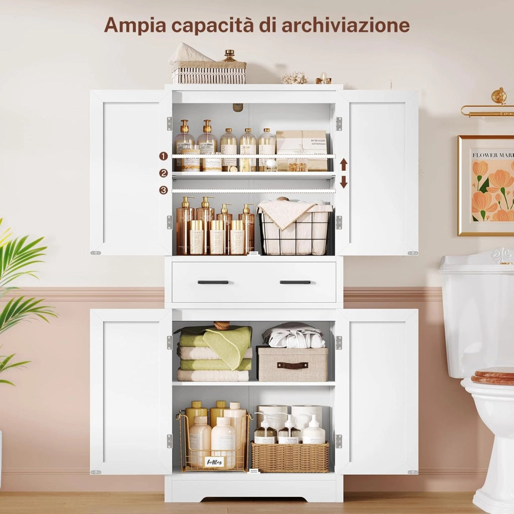 Mobile Bagno con 4 Porte e 1 Grande Cassetto, Mobiletto Bagno Salvaspazio con Ripiano Regolabile, Armadio Bagno – per Soggiorno, Cucina, Bianco, 60x30x148 cm