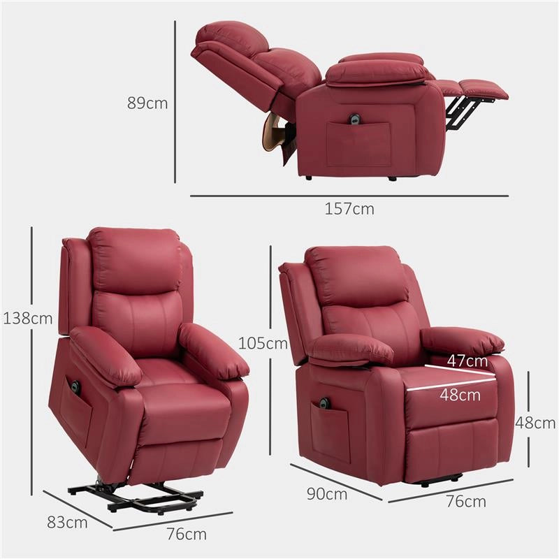 POLTRONA ALZAPERSONA RECLINABILE CON POGGIAPIEDI E TELECOMANDO IN PELLE PU 76X90X105 CM ROSSO