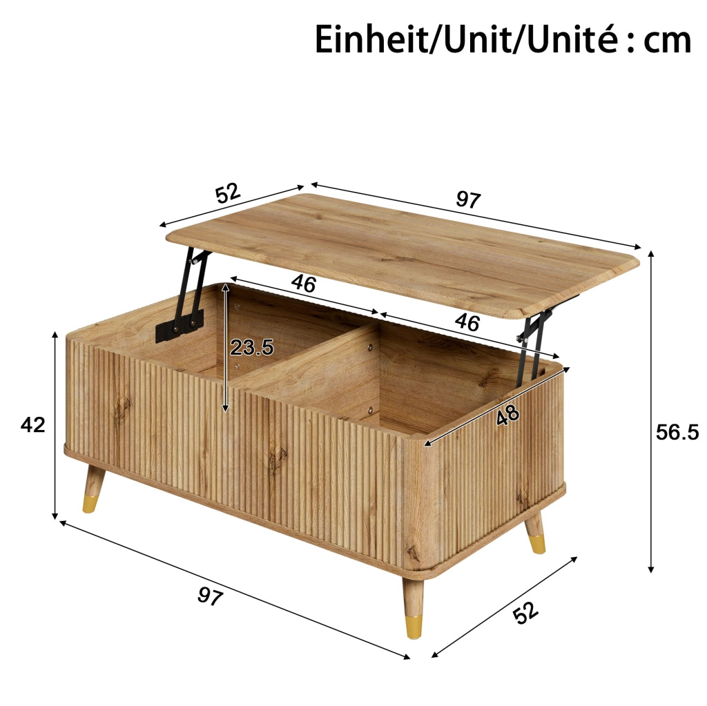 Tavolino da caffè sollevabile con vano contenitore 97x52x56;5 cm MDF e legno naturale