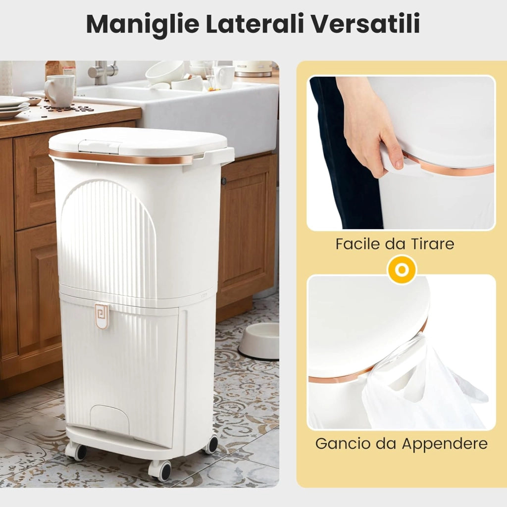 38 L（12+12+14 L） Pattumiera Differenziata, Secchio Spazzatura a 3 Scomparti con Coperchi, 2 Secchi Rimovibili Pedale e Ruote, Bidoni Differenziata per Bagno Cucina Ufficio