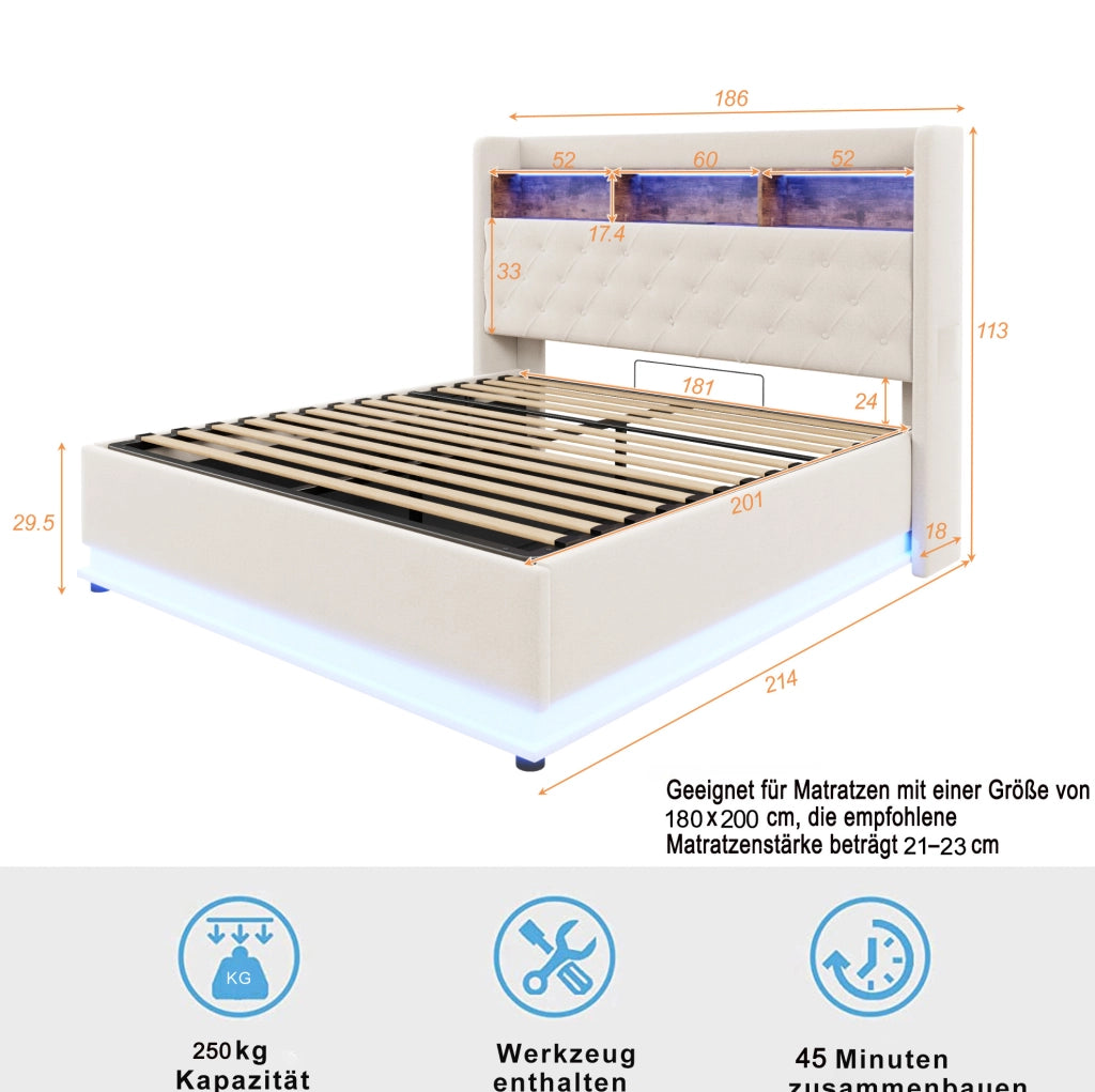 Letto imbottito LED 180x200 cm beige con USB e vano contenitore