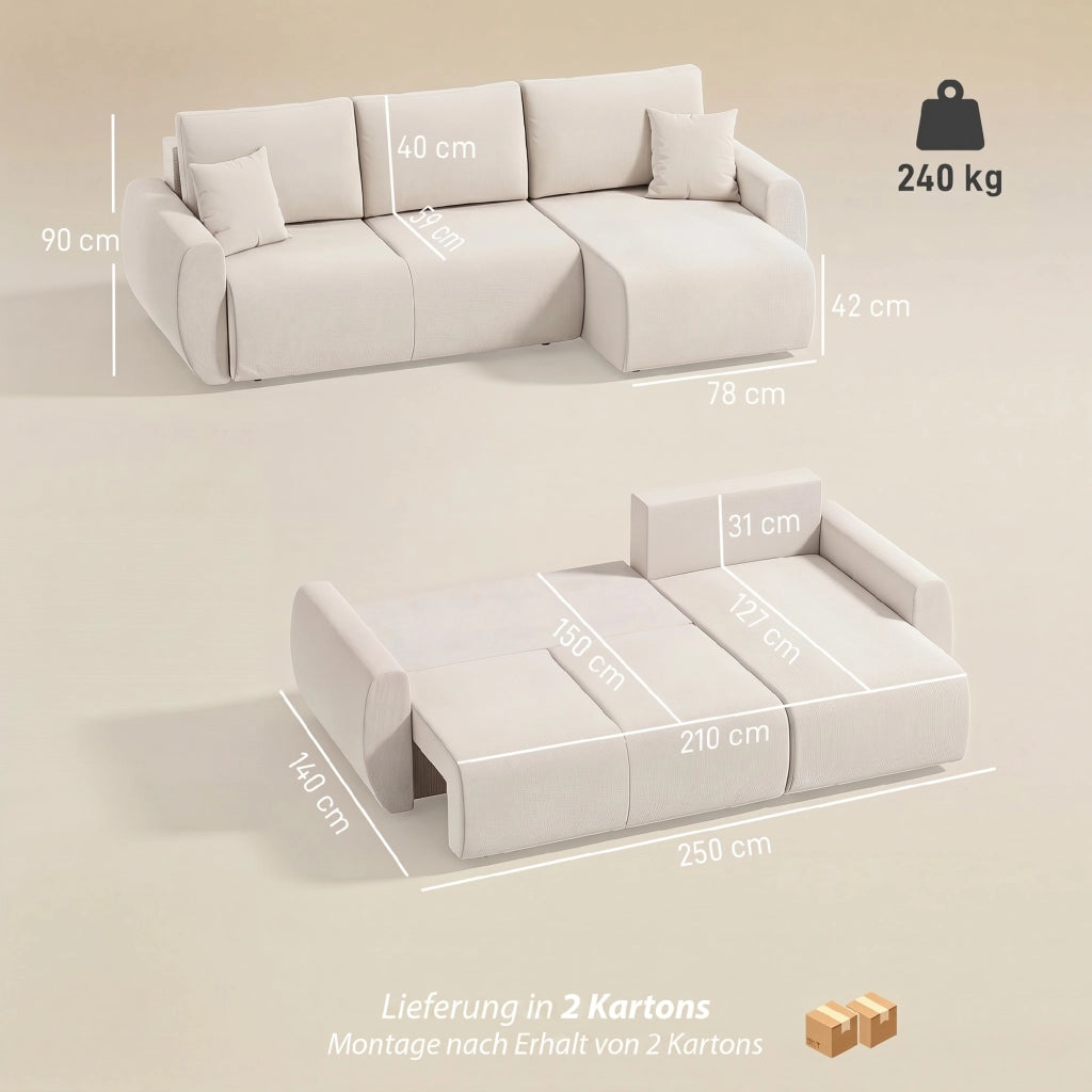 Divano letto angolare 3 posti in velluto ¨C zephmum ¨C crema