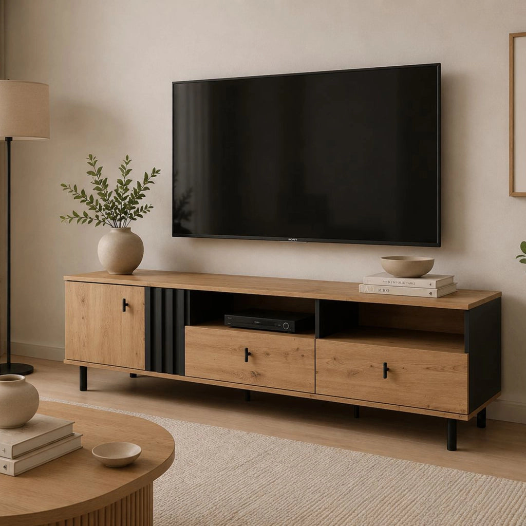Kalese, Mobile Porta tv 2 Cassetti, 165x40x49h cm Marrone Rovere Nodi