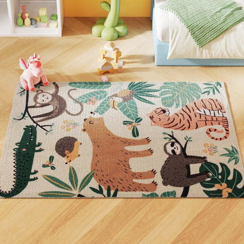 Tappeto in fleece con motivo giungla, facile da pulire, crema e multicolore
