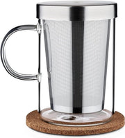 Tazza da Tè in Vetro con Coperchio e Filtro - 400ml - Grande Tazza in Vetro Borosilicato - Filtro a Maglie Finte con Sostegno