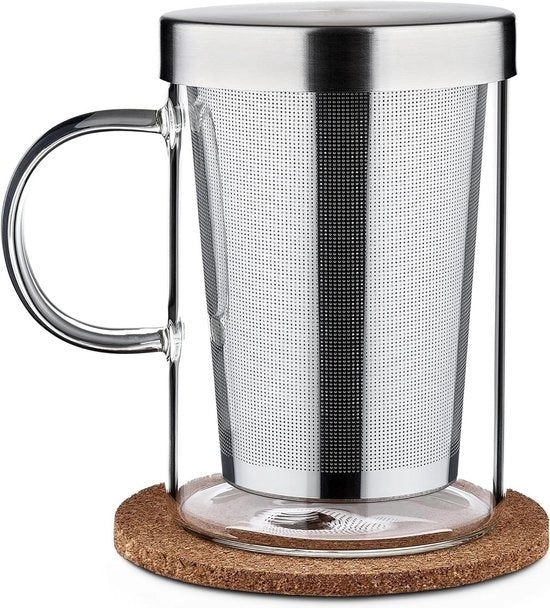 Tazza da Tè in Vetro con Coperchio e Filtro - 400ml - Grande Tazza in Vetro Borosilicato - Filtro a Maglie Finte con Sostegno