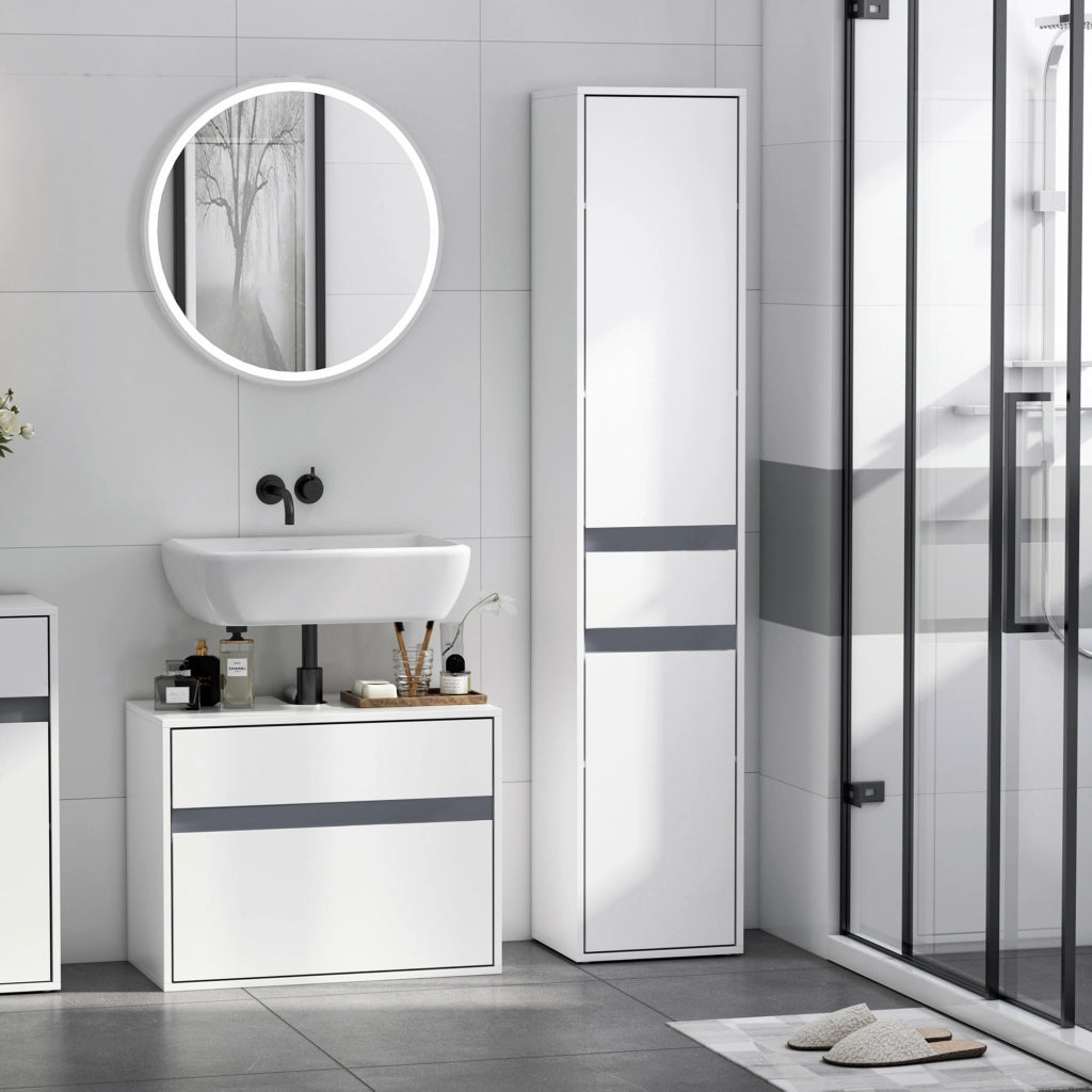 Colonna bagno salvaspazio ¨C Xylo ¨C bianco con 2 ante, 3 ripiani e cassetto