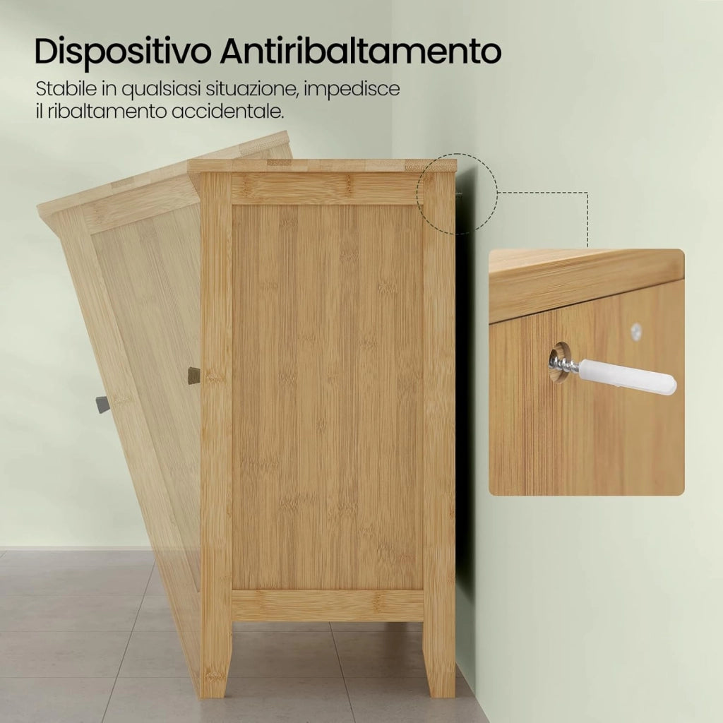 Mobile Da Bagno In Bambù, Base Con Ritaglio Per Sifone 20x23 cm, Armadio Indipendente Con Ante a Griglia e Ripiano Regolabile, 60x30x60 cm