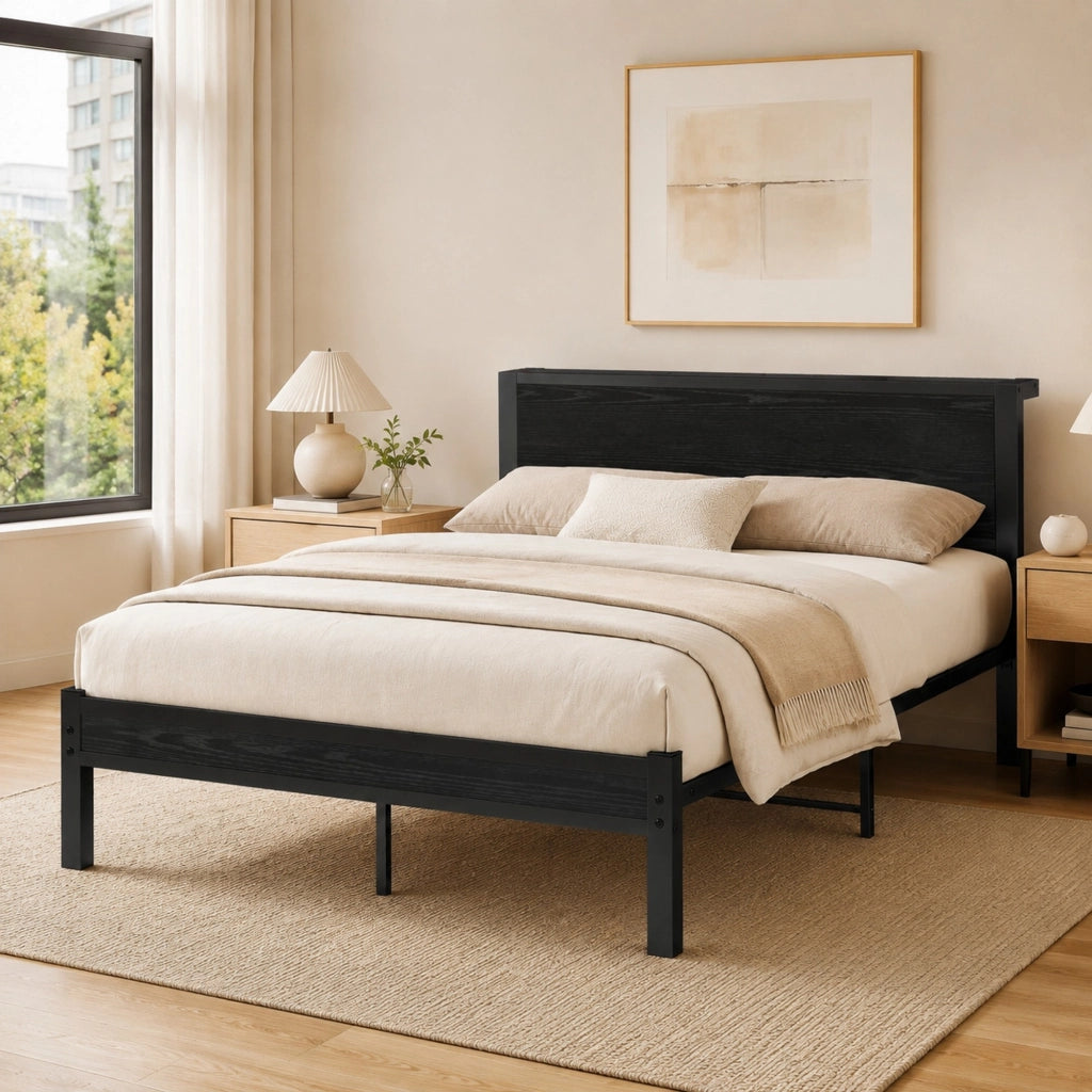 LETTO Singolo 120x200 cm con testiera, MDF e metallo, Nero