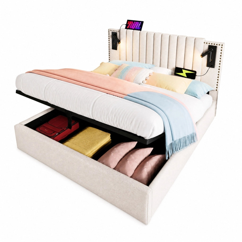 Letto matrimoniale contenitore 180x200 cm in cotone beige con testiera regolabile; luce lettura e porte USB