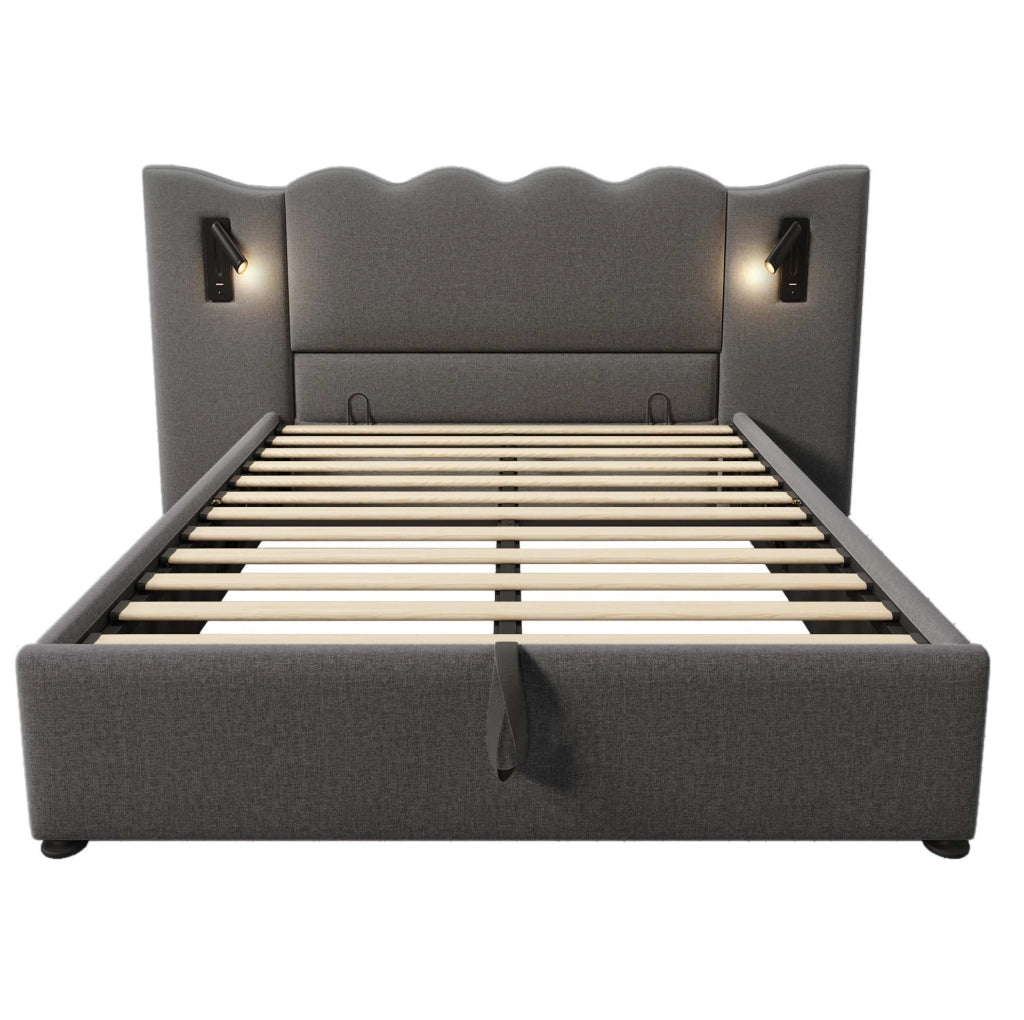 Letto 160x200 cm con lampada da lettura; contenitore e USB-C in lino grigio