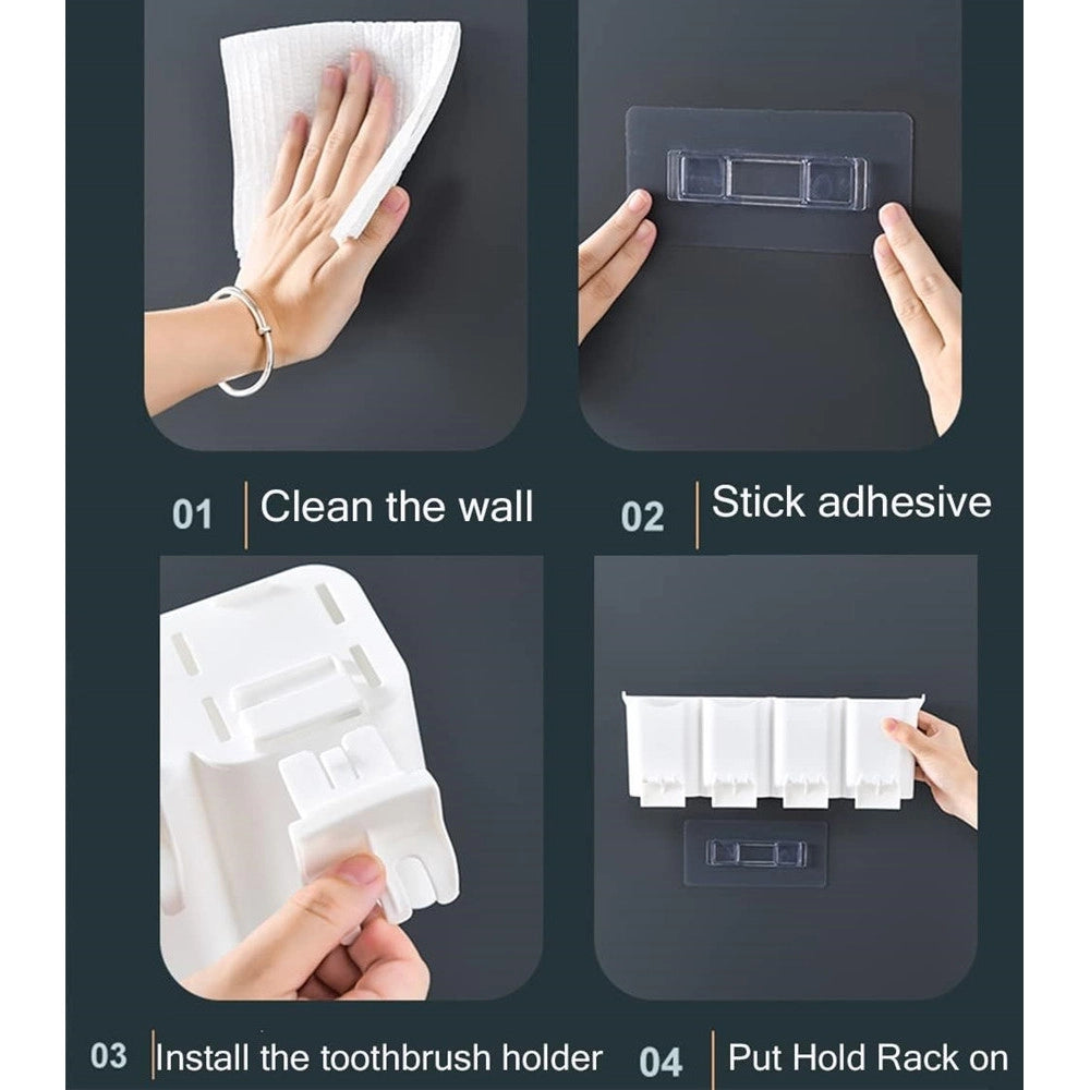 Trade Shop - Portaspazzolino Adesivo Multifunzione Organizer Per Spazzolino Denti Con 4 Tazze + 4 Slot -