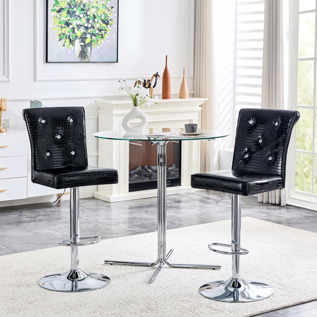 Sgabello da bar vintage con design effetto coccodrillo e dettagli cristallo, seduta comoda impermeabile in PVC nero