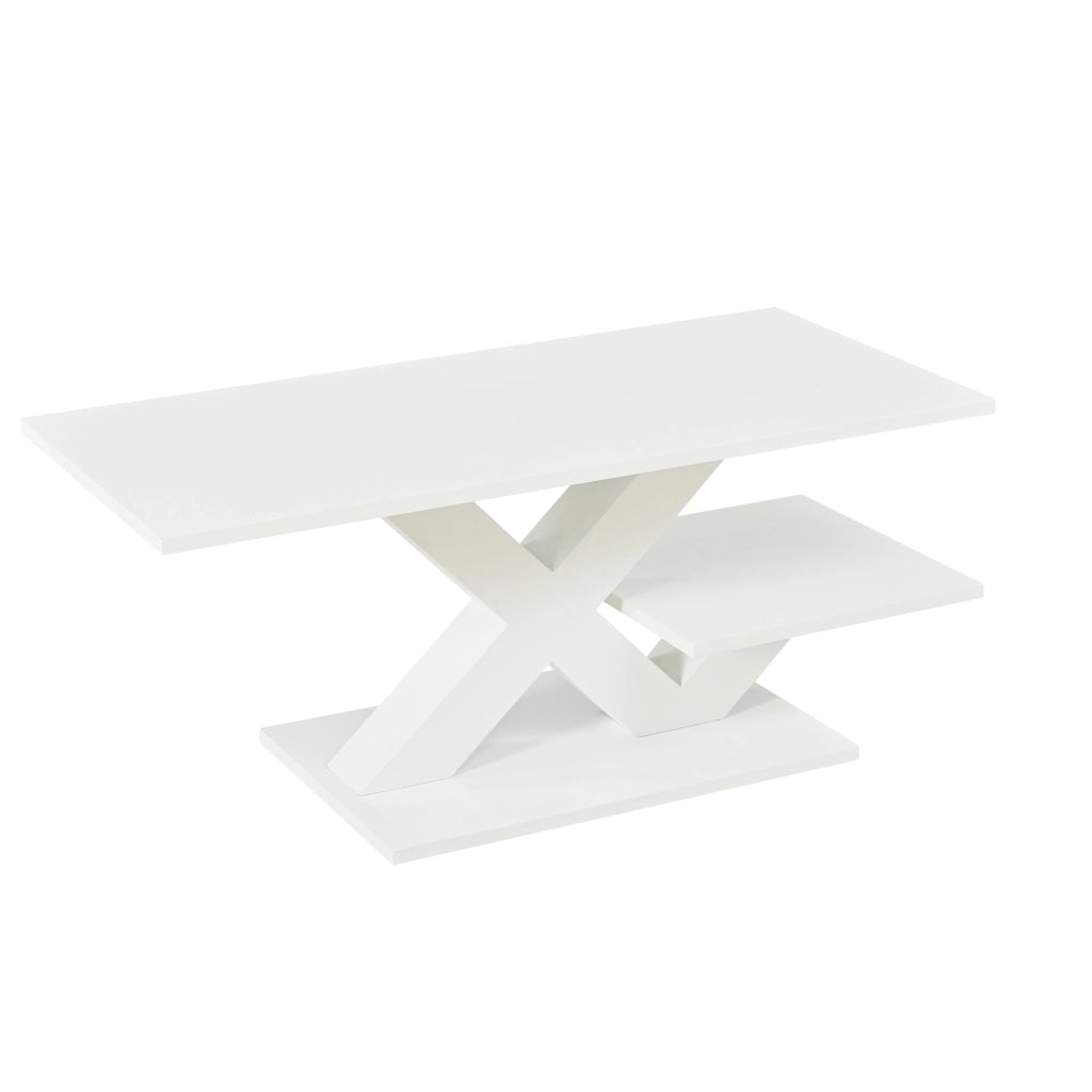 Tavolino da caffè con doppio piano e gambe geometriche - per soggiorno - 100×48×45 cm - bianco