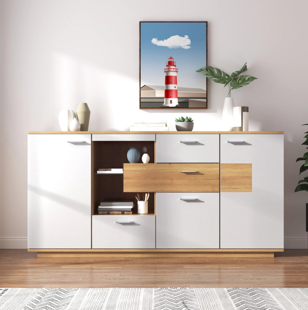 Sideboard 160x40x77 cm con illuminazione LED; 2 porte e 4 cassetti in MDF; naturale e bianco
