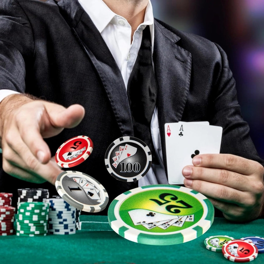 Set di chip da poker texas holdem con 300 pezzi e 2 mazzi di carte, Set poker 300 fich per serate in famiglia e raduni-Fiche e set da poker