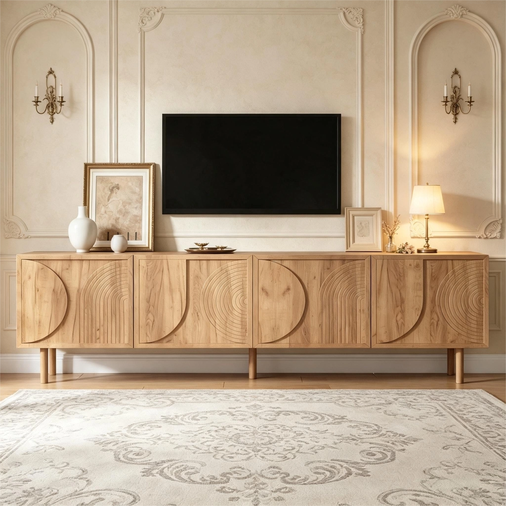 Mobile porta TV con 4 ante e 2 vani, passacavi, rilievo 3D, per soggiorno, in legno, naturale, 180 × 38 × 56,5 cm