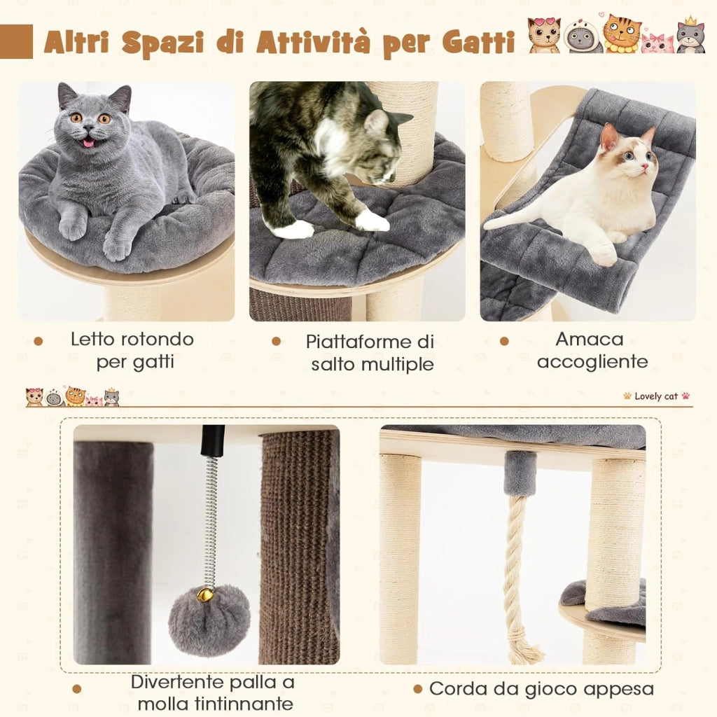Albero per Gatti Moderno da 173 cm con 3 Piani, 2 Cucce, Amaca, Piattaforme, Tiragraffi in Legno per Gatti Interni
