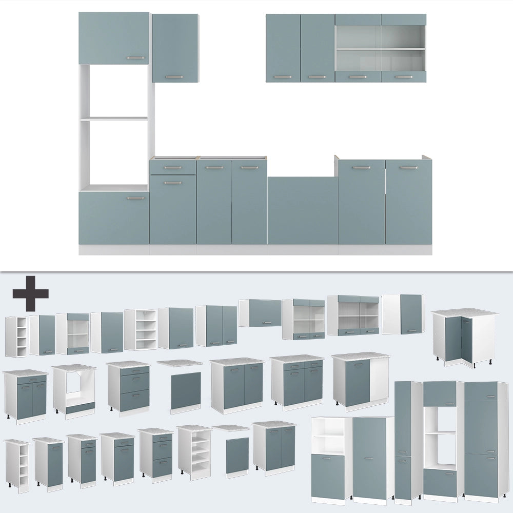 Vicco Cucina componibile Blu-grigio/bianco 300 cm con armadio alto, PL Rovere