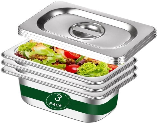 Set di contenitori per cibo 3 pezzi con coperchio, contenitore perimetrale GN 1/3 in acciaio inossidabile, ideale per cotolette, carne e conservazione, contenitore gastronorm, resistente al lavastoviglie, 32,5 x 17,5 x 6,5 cm