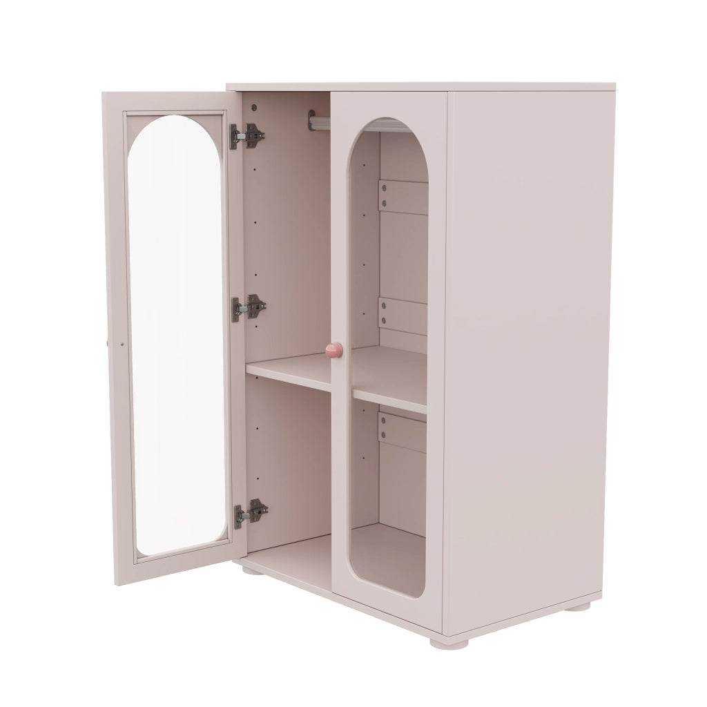 Armadio a 2 ante con ripiani regolabili e ante trasparenti per camera da letto e cameretta in mdf e acrilico rosa