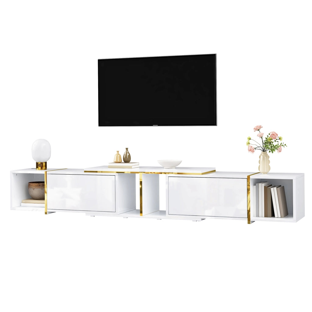 Mobile TV estensibile con frontali lucidi; 2 vani aperti e spazi chiusi; per soggiorno; 275 × 35 × 37 cm