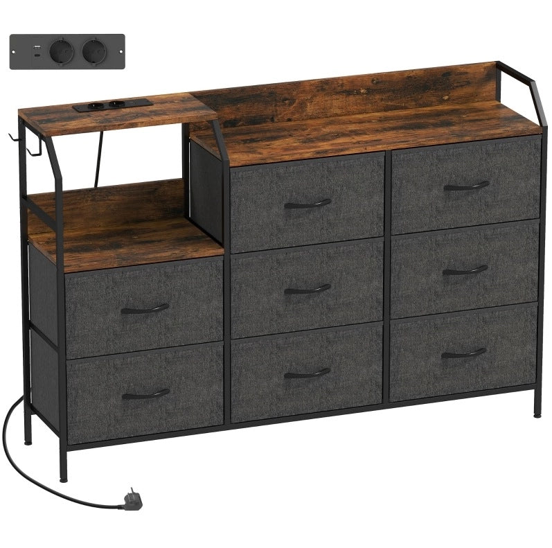 Cassettiera 100.0x39.0x25.0 cm con stazione di ricarica e 8 cassetti in tessuto marrone rustico