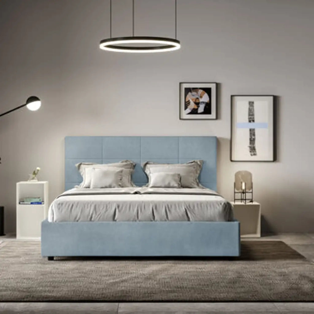 Letto matrimoniale francese senza rete imbottito 140x200 microfibra azzurro Mika