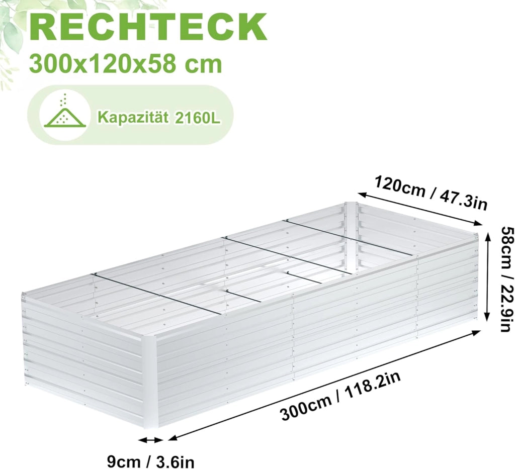 Fioriera rialzata, 300 x 120 x 58 cm, in acciaio zincato, grande per esterni, aiuola da giardino, rettangolare, per giardino, balcone, argento