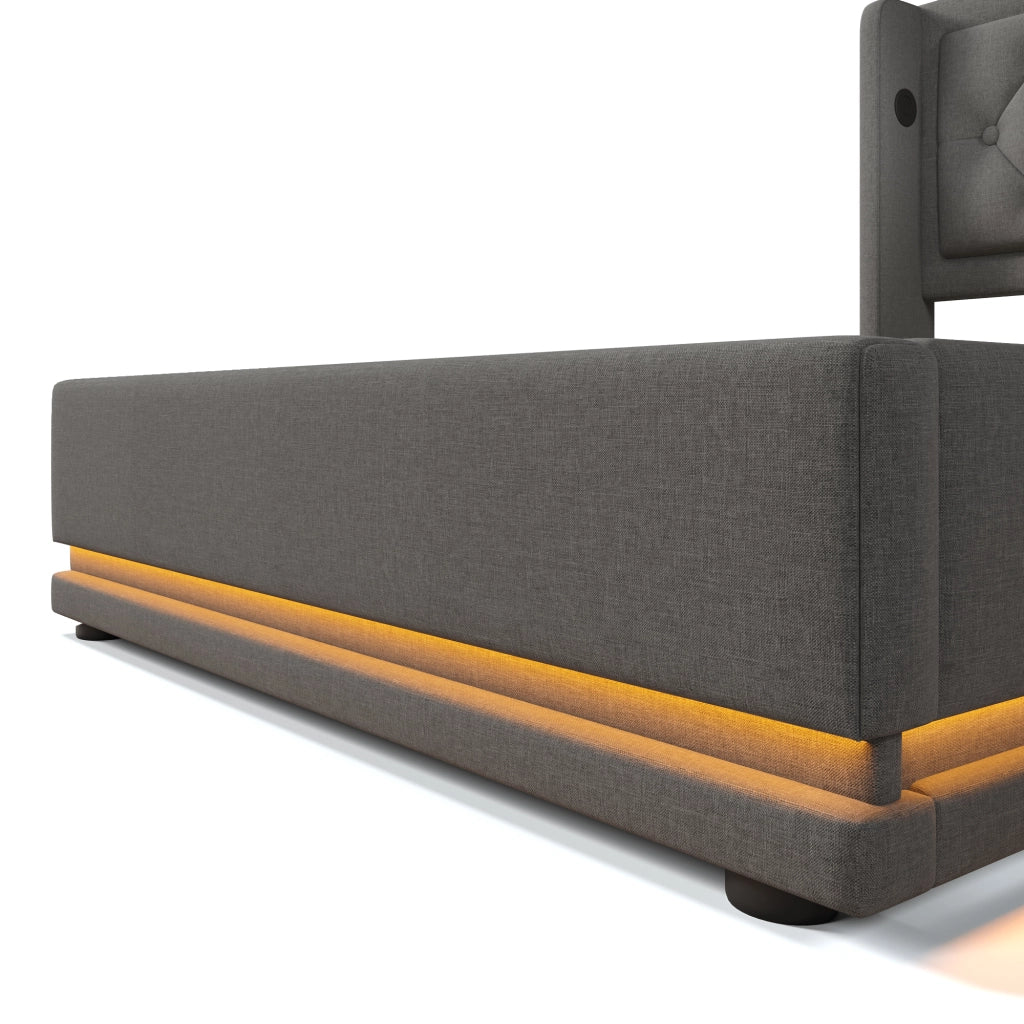 Letti contenitori 90x200 cm; con testiera trapuntata e ricarica USB Tipo C; cotone grigio (Senza materasso)