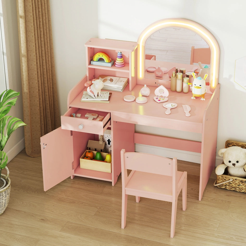 Set tavolo da trucco per bambini con sedia mensole cassetto e anta-Toeletta da trucco in legno con luci LED Oro rosa