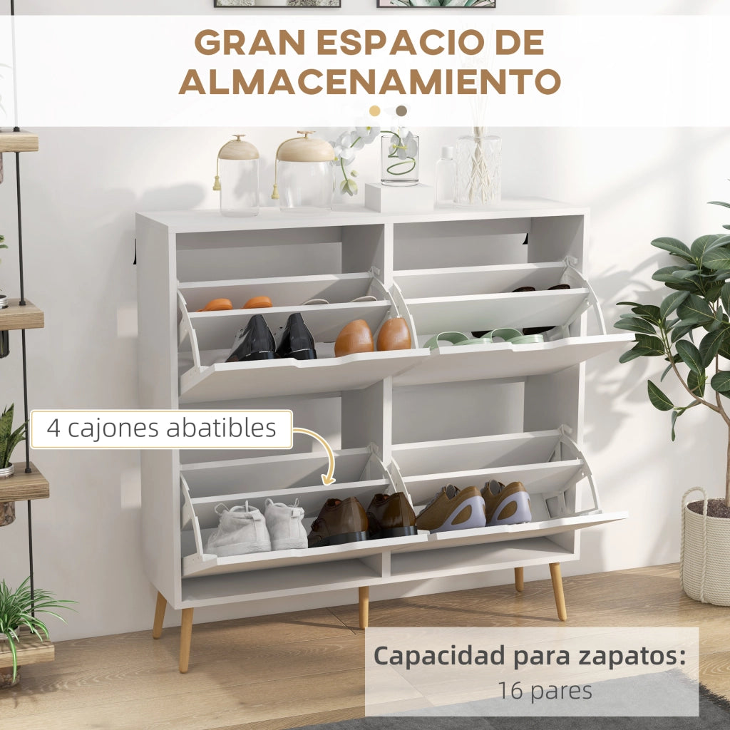 Cassettiera Stretto con 4 Cassetti e Gambe in Legno per 16 Paia ¨C Minimal ¨C 95x26x95 Bianco
