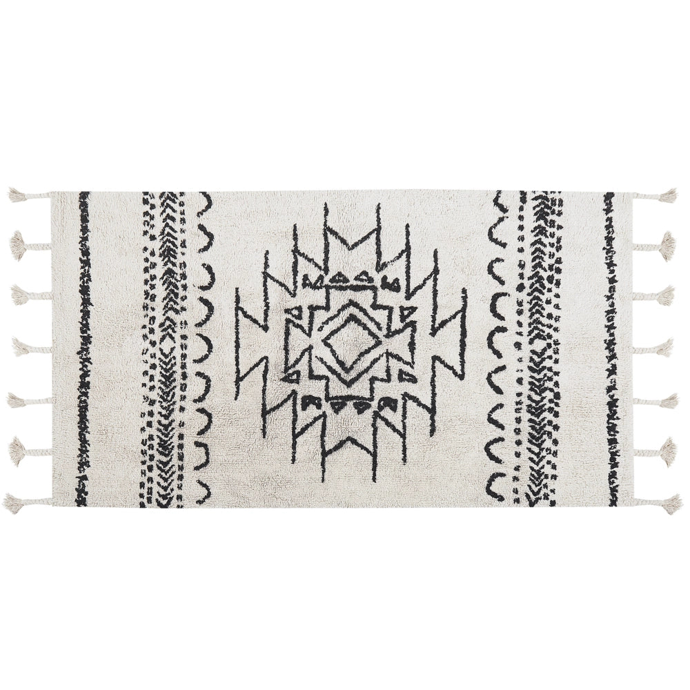 Tappeto nero e bianco sporco cotone 80 x 150 cm motivo geometrico nappe moderno orientale