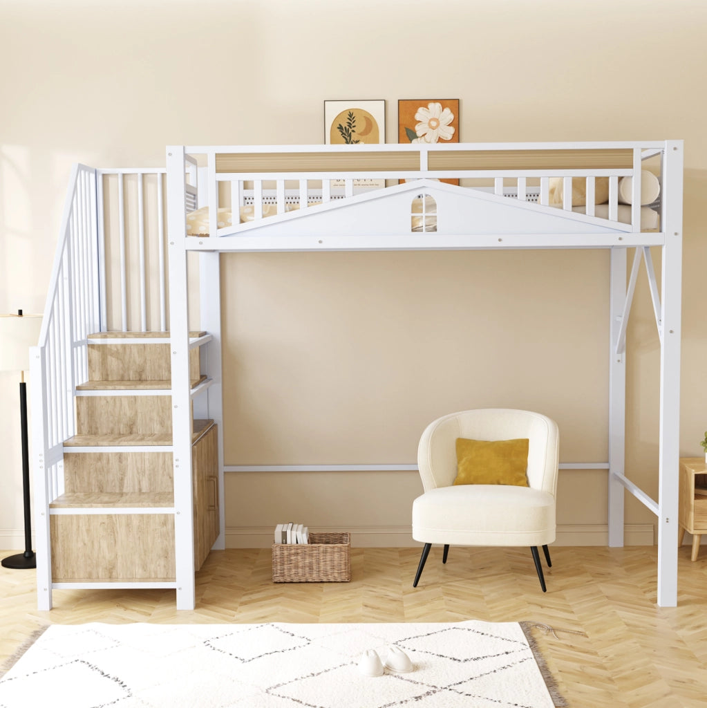 Letto a soppalco 90x200 cm con scala contenitore e recinto di sicurezza; bianco