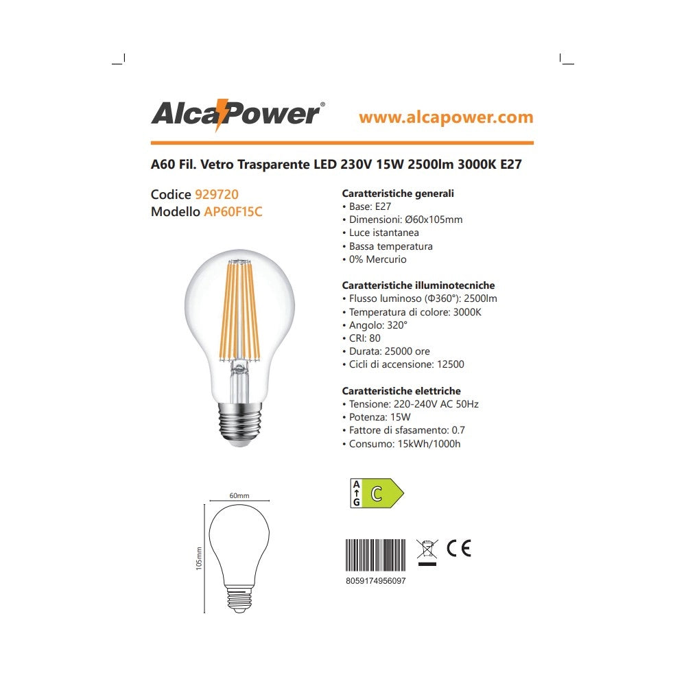 Alca power a60 15w 220v 2500lm 3000k e27 lampada classica a filamento a led
