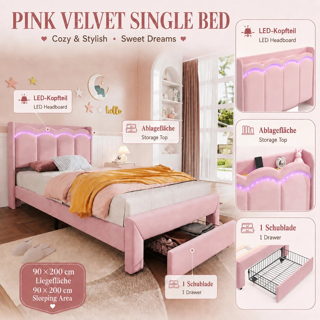 letto imbottito velluto rosa 90 x 200 cm