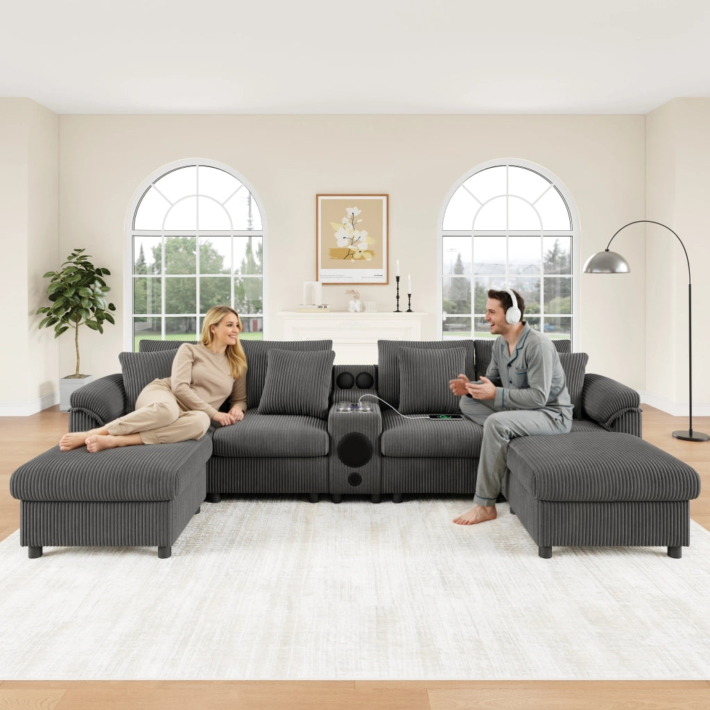 Sof¨¤ modulare a L con Bluetooth - Zephmum - Altoparlante integrato, ricarica wireless, portaoggetti, grigio