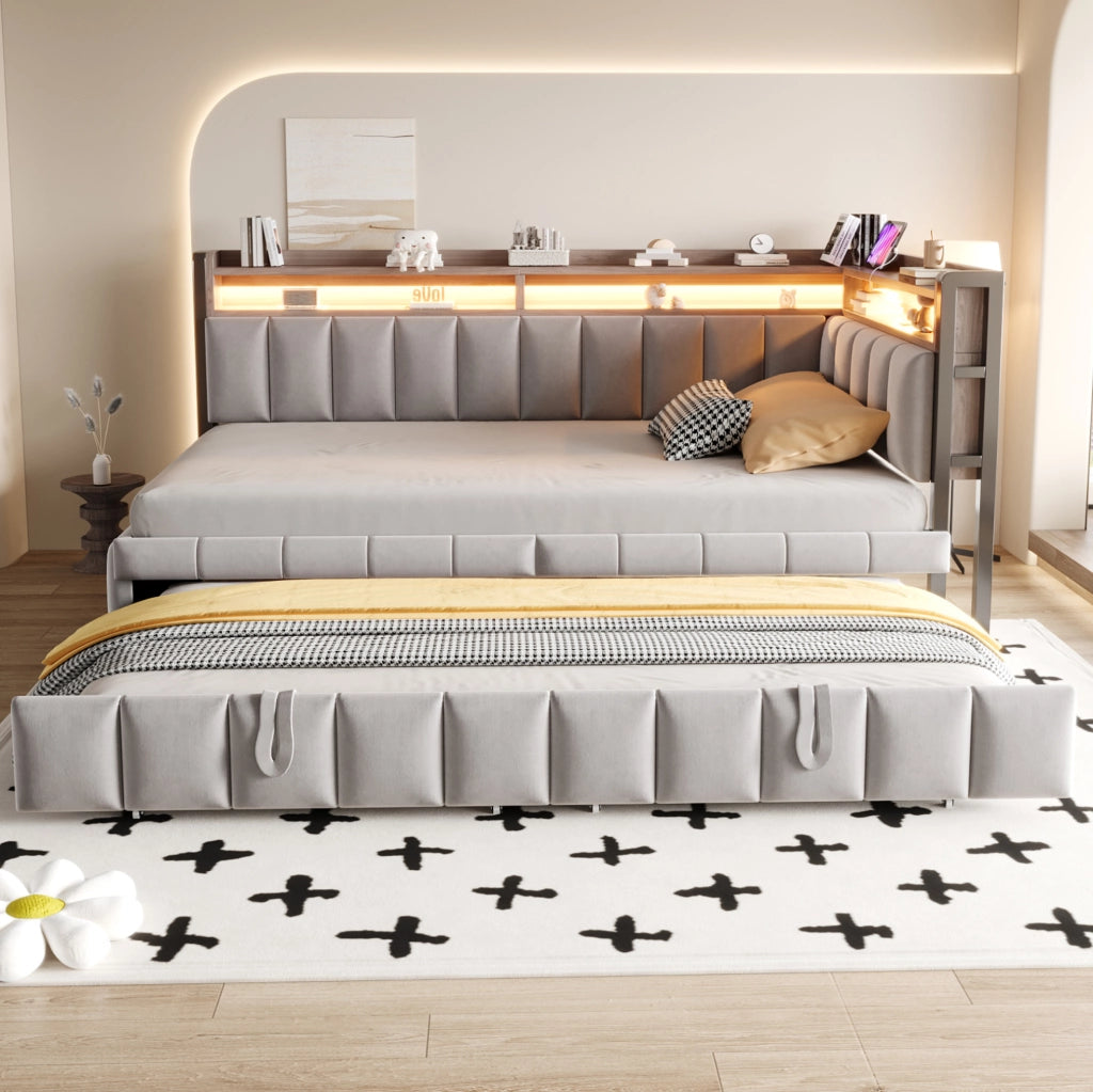 Divano letto estraibile 90x200 cm in velluto grigio chiaro con LED e USB-C