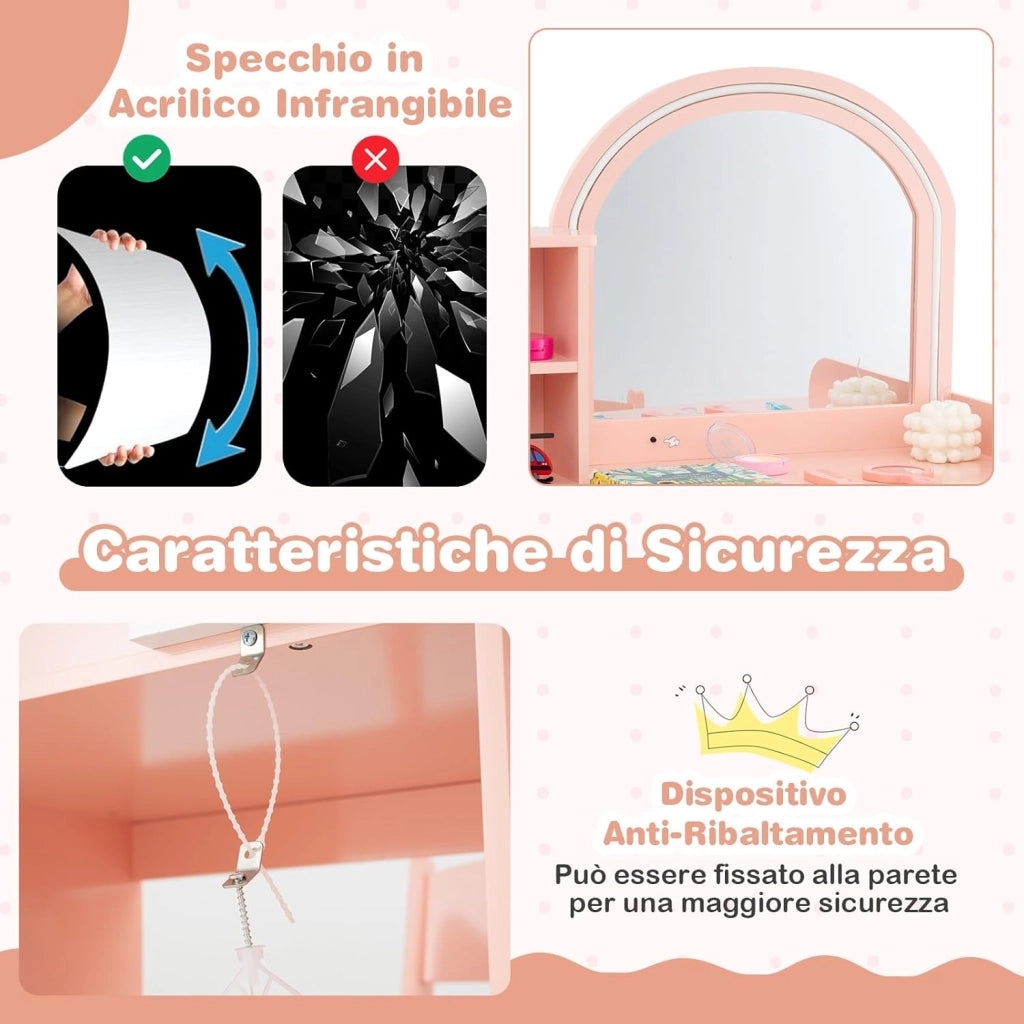 Toeletta Trucco 2 in 1 per Bambina, Specchiera per Ragazza in Legno con Mensole, Cassetto, Ripiani e Luci LED Regolabile, Postazione Trucco per 3 Anni, 80 x 40 x 94 cm (Rosa Chiaro)