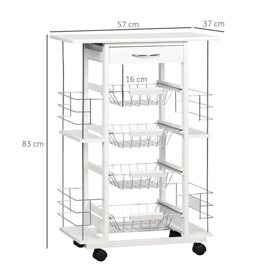 Carrello da Cucina con Ripiani e Cassetto Piano di Lavoro in Ceramica 57x37x83 cm