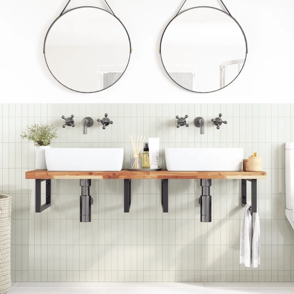 Ripiano a Parete per Lavabo in Acciaio e Massello di Acacia 3302861