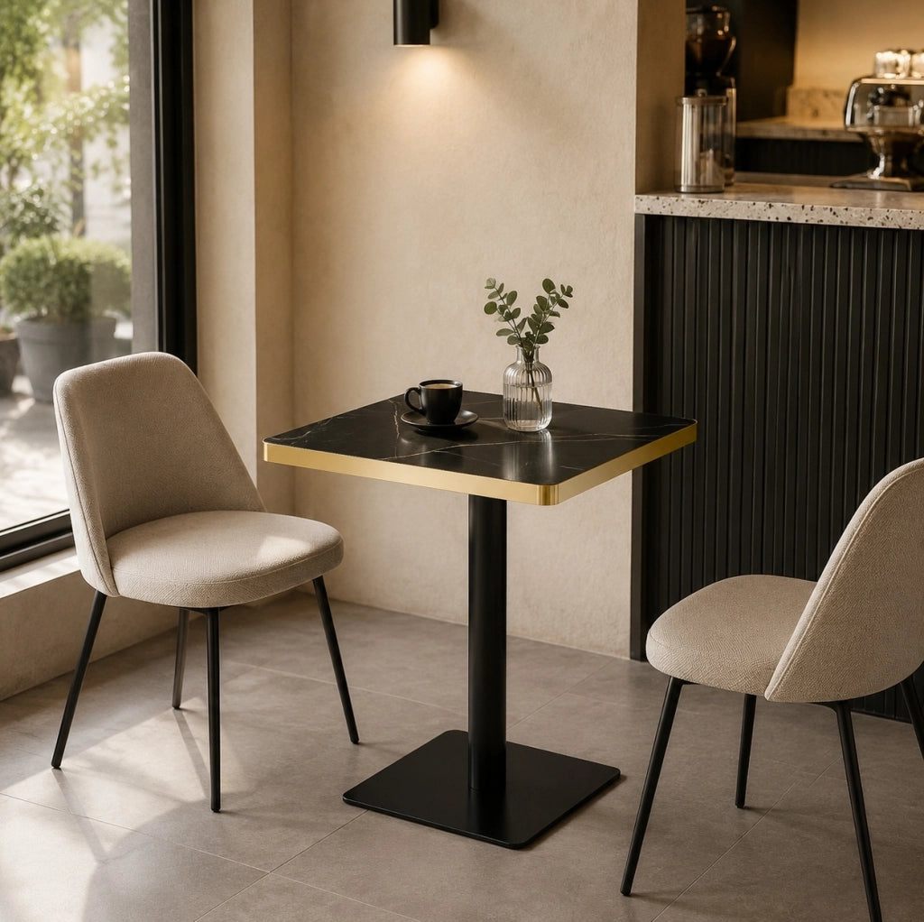 Tavolo quadrato da pranzo 60x60 cm effetto marmo nero con struttura in metallo