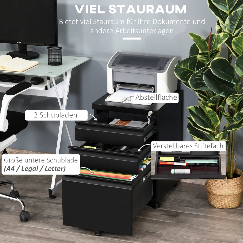 Mobiletto da ufficio con piedistallo, 3 cassetti e ruote, maniglia concava, in acciaio, colore nero, ideale per ufficio e home office.
