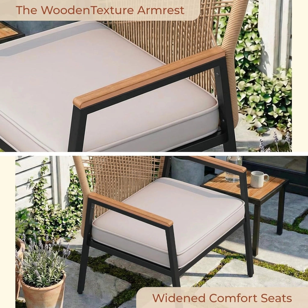 Sedie da giardino in rattan, Set da 2, Sedie da patio resistenti alle intemperie, Sedie da balcone in metallo, Portata massima 160 kg, Braccioli in WPC, Per patio, giardino e veranda, Beige