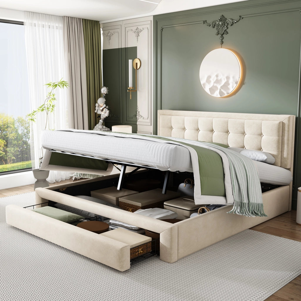 OKWISH Letto Contenitore 160×200 cm, Letto Matrimoniale con Testiera Regolabile, Contenitore e Sollevamento Idraulico, senza Materasso, Beige