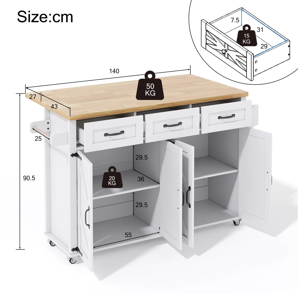 Carrello da Cucina con 4 Ante e 3 Cassetti; Piano Ribaltabile e Portaasciugamani; in MDF; 140x43(70)x90.5 cm